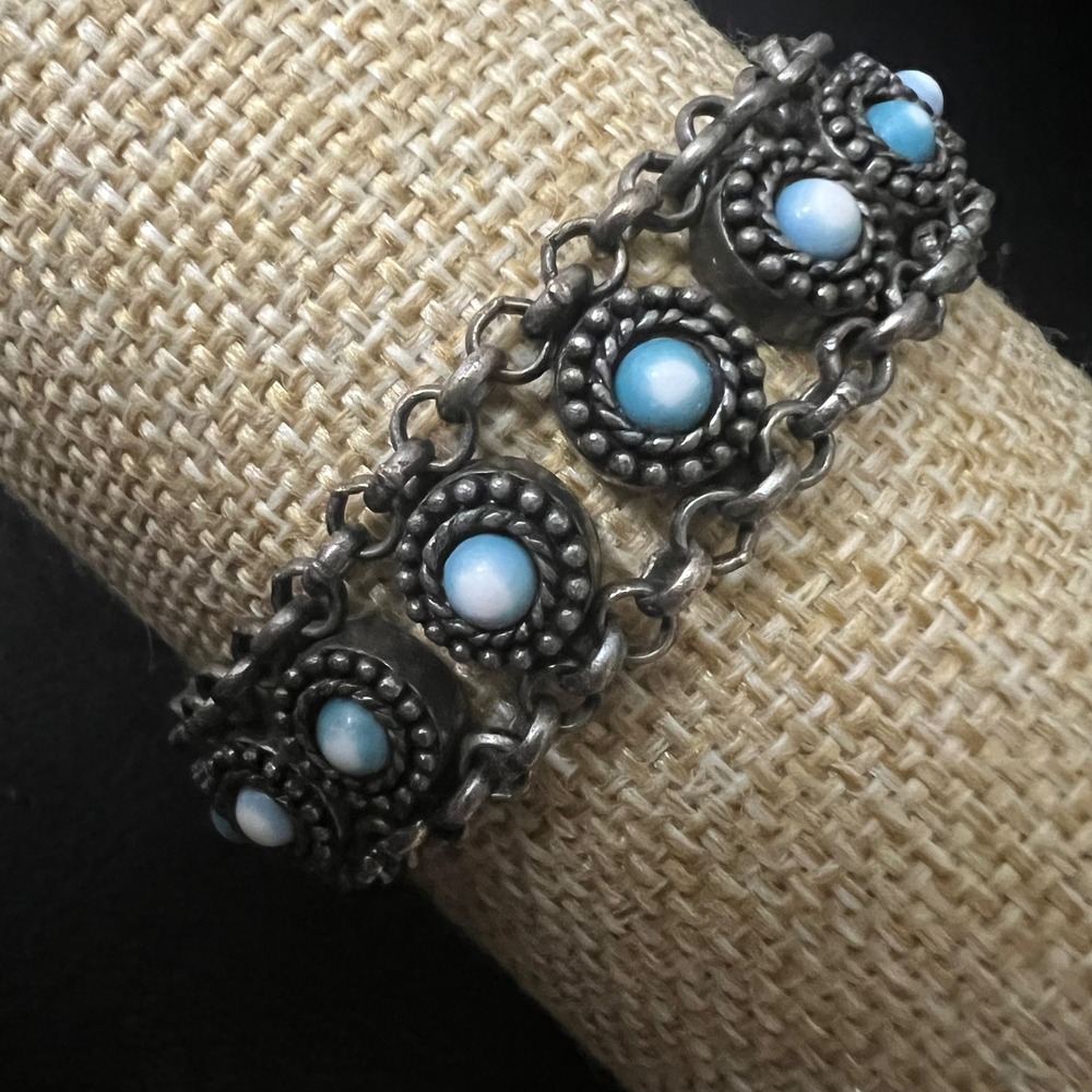 AC Silver Turquoise Blue White Cabochon Link Bracelet 7-8in Signed Coastal